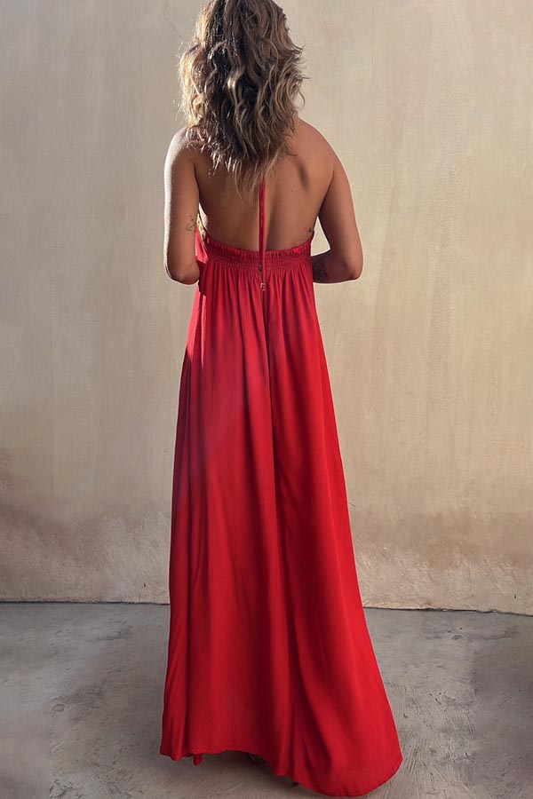 Paneled Sleeveless Lace-Up Holiday Maxi Dress