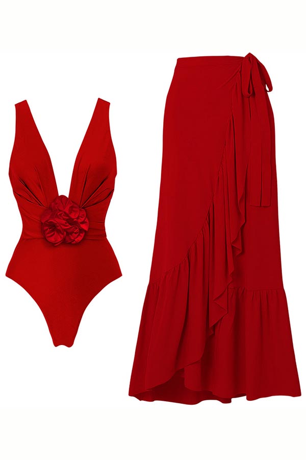 Red One-Piece Swimsuit + Cover Skirt