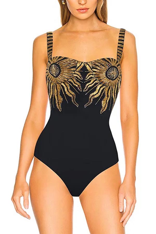 Sunflower Sequin Embroidered One-Piece Swimsuit + Cover Skirt