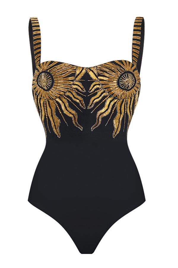 Sunflower Sequin Embroidered One-Piece Swimsuit + Cover Skirt