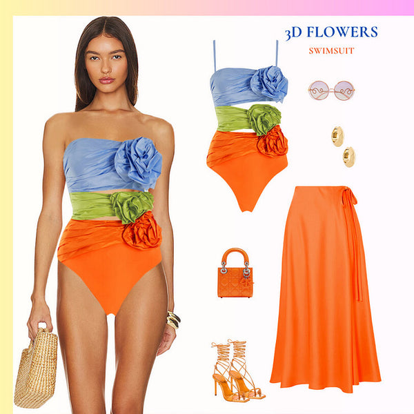 3D Flowers One Piece Swimsuit and Skirt