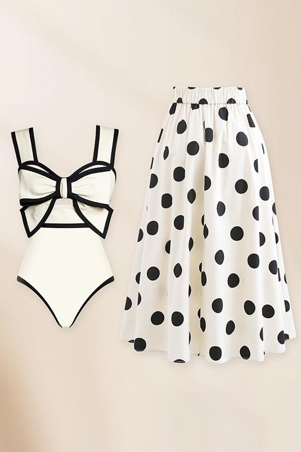 Vintage 3D Flower Black and White Bow-tie One Piece Swimsuit and Skirt