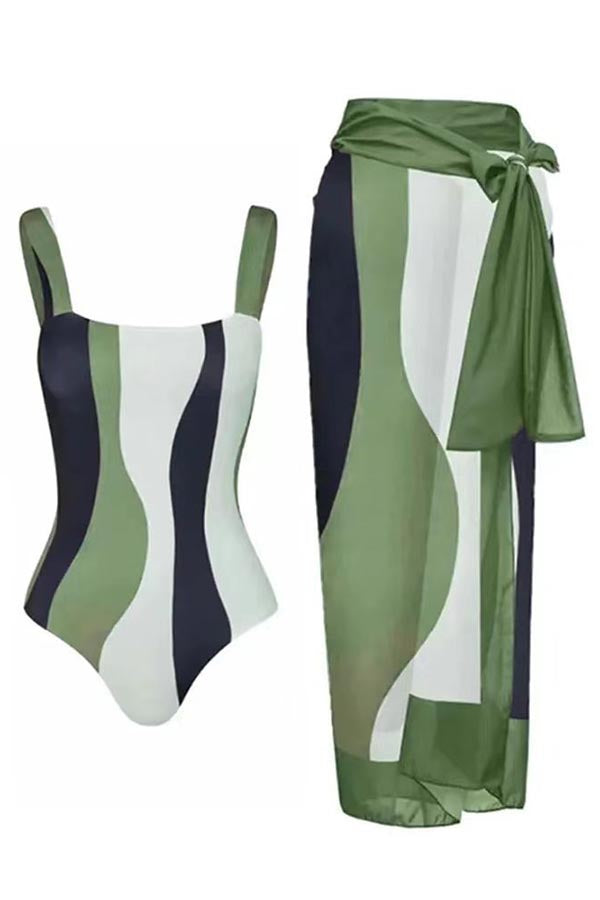 Color Block One-Piece Swimsuit + Cover Skirt