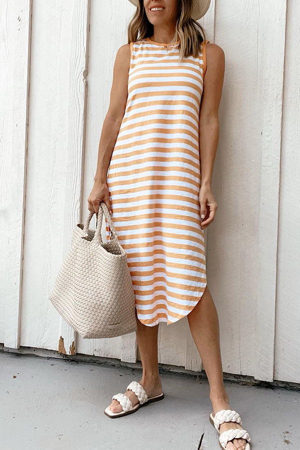 Sleeveless Orange Striped T-Shirt Dress