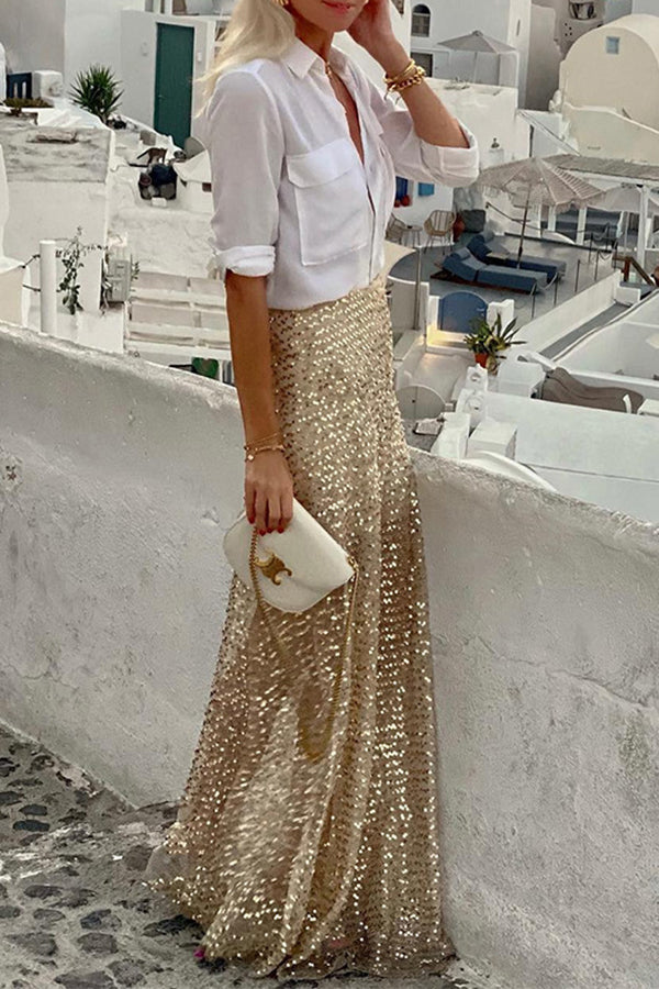 Golden Evening Sequin Elastic Waist Maxi Skirt