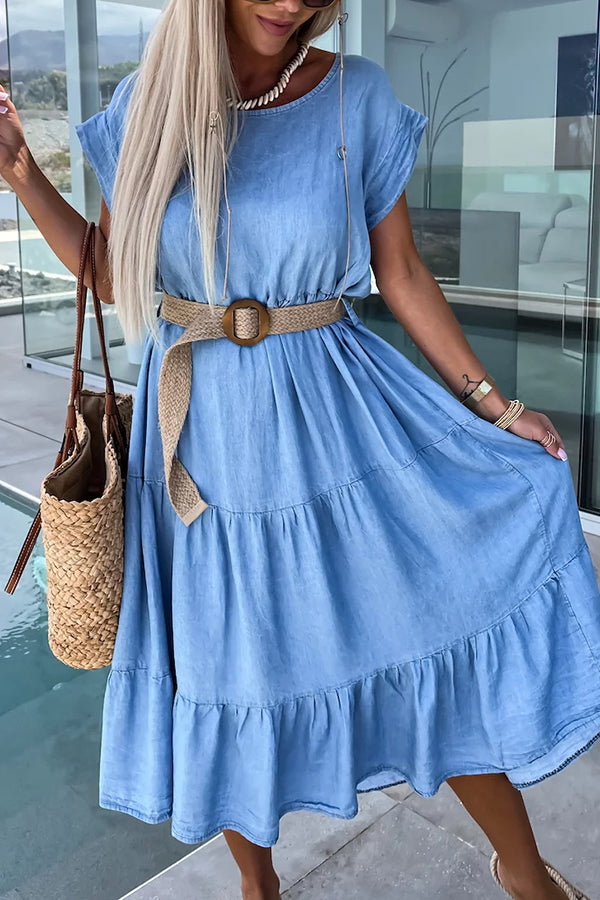 Casual But Cute Denim Crew Neck Layered Loose Midi Dress