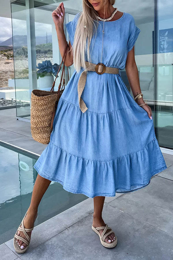 Casual But Cute Denim Crew Neck Layered Loose Midi Dress