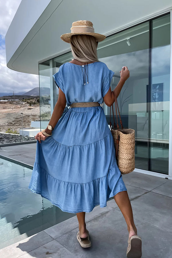 Casual But Cute Denim Crew Neck Layered Loose Midi Dress