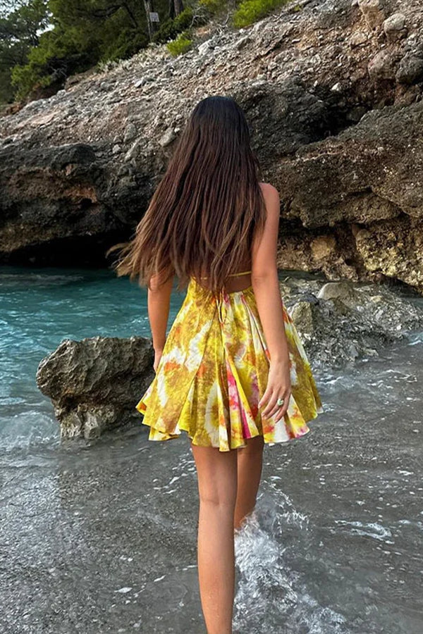 Halter Yellow Printed Mini Dress