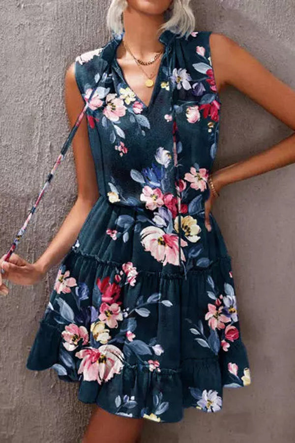 Floral Ruffled Tie V-Neck Mini Dress