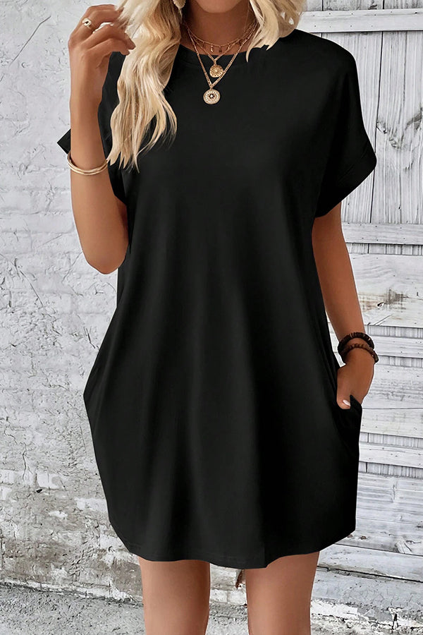 Solid Batwing Sleeve Hidden Pocket Tee Dress