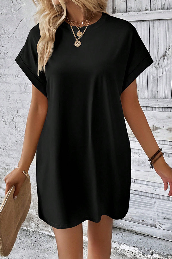 Solid Batwing Sleeve Hidden Pocket Tee Dress