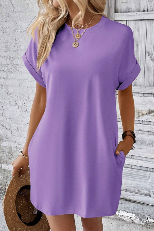 Solid Batwing Sleeve Hidden Pocket Tee Dress