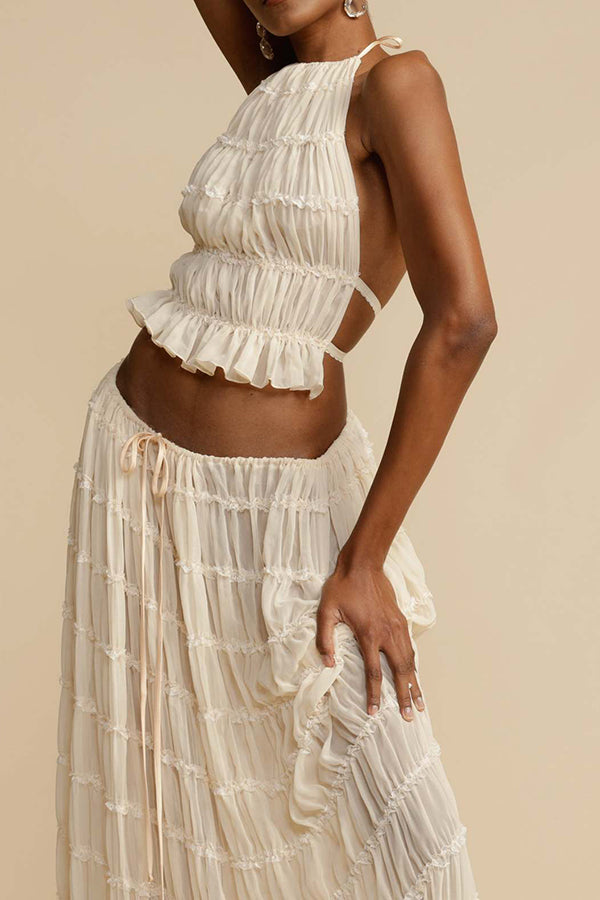 Versatility And Vintage Charm Pleated Drawstring Waist Tiered Maxi Skirt