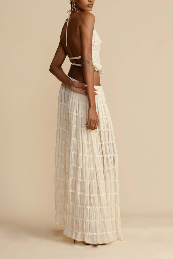 Versatility And Vintage Charm Pleated Drawstring Waist Tiered Maxi Skirt