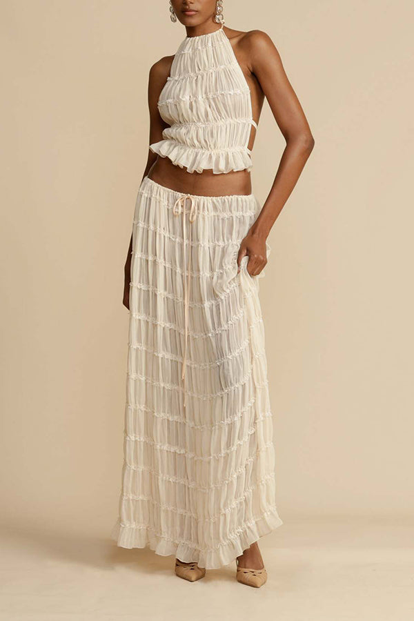 Versatility And Vintage Charm Pleated Drawstring Waist Tiered Maxi Skirt