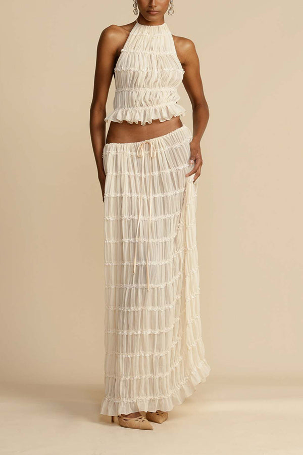 Versatility And Vintage Charm Pleated Drawstring Waist Tiered Maxi Skirt