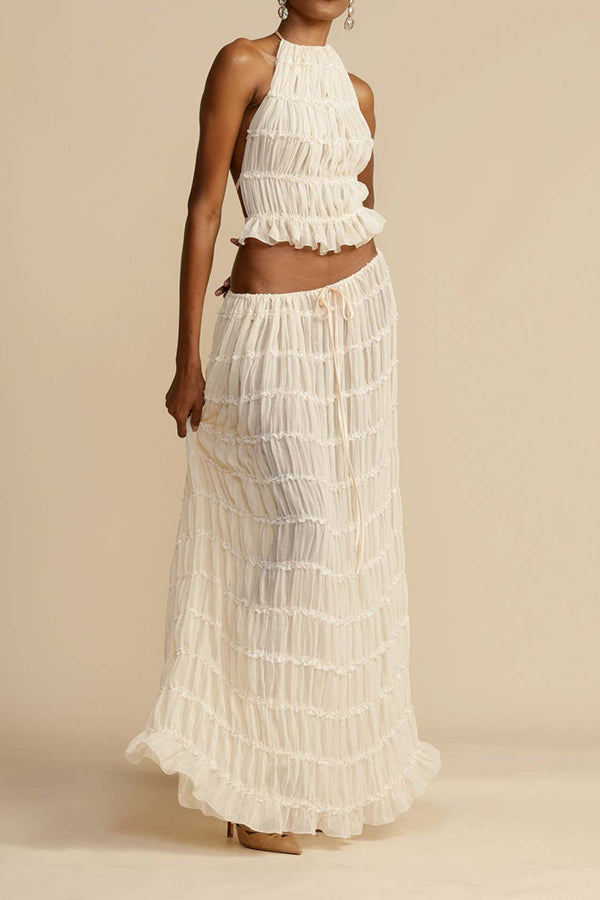 Versatility And Vintage Charm Pleated Drawstring Waist Tiered Maxi Skirt