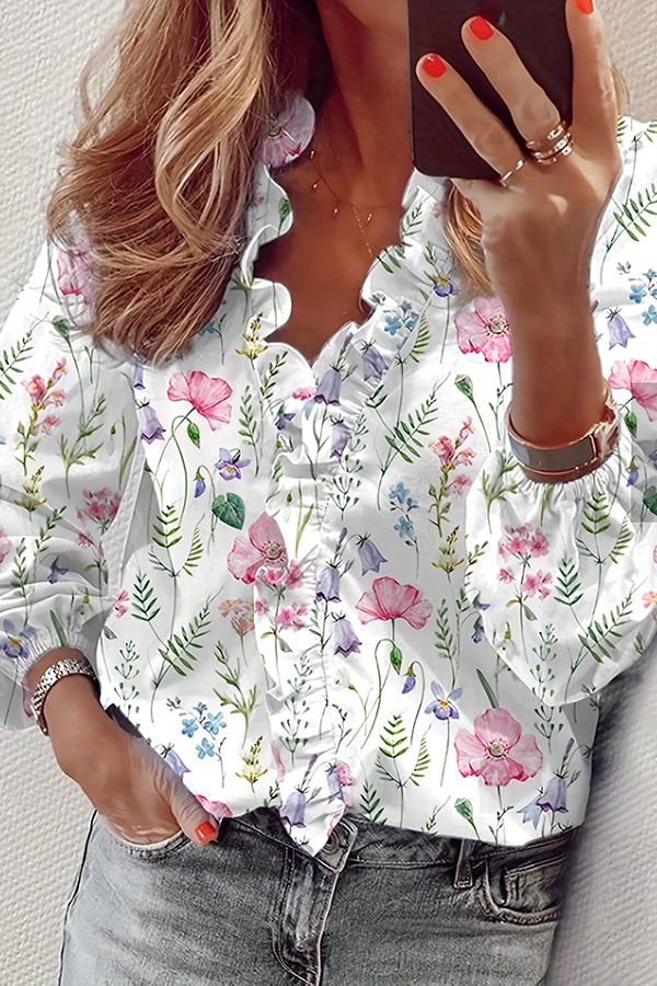 Floral Print Ruffle Trim Blouse