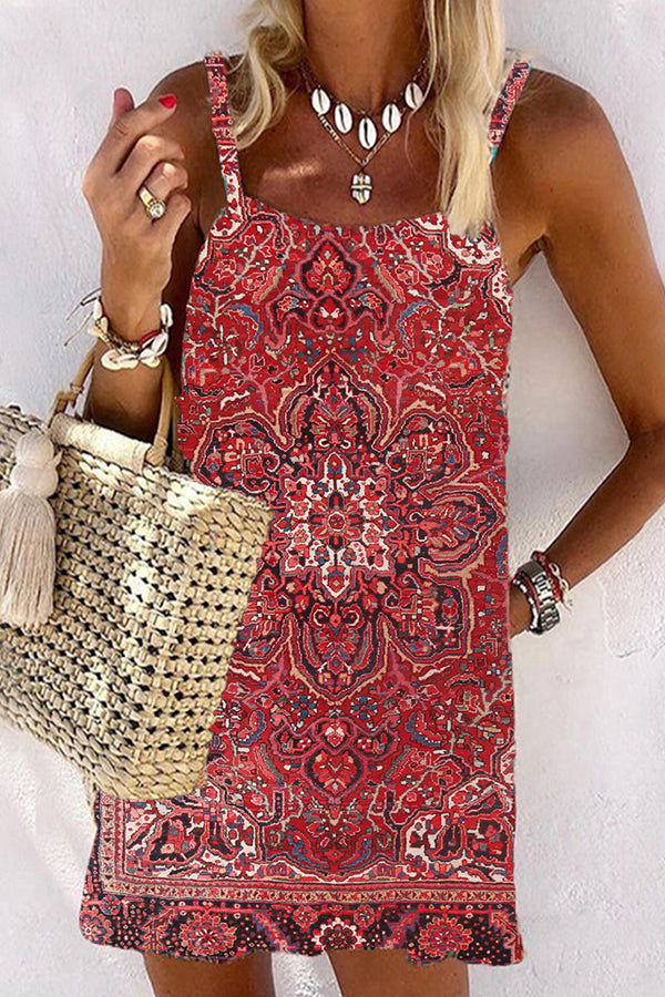 Red Western Print Spaghetti Strap Mini Dress