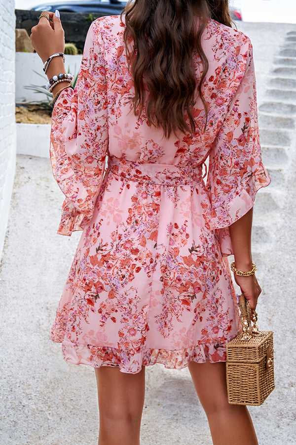 Elegant Floral Wrap V Neck Belt Flare Sleeve Midi Dress