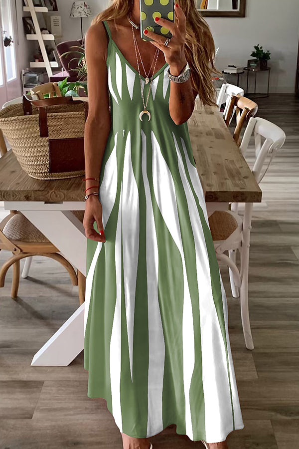 Color Block Print V Neck Maxi Dress