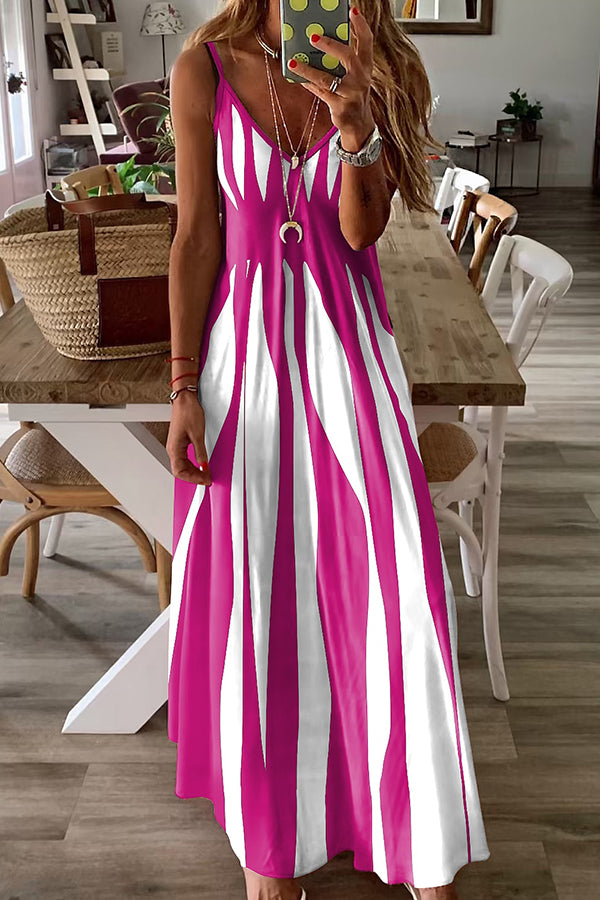 Color Block Print V Neck Maxi Dress