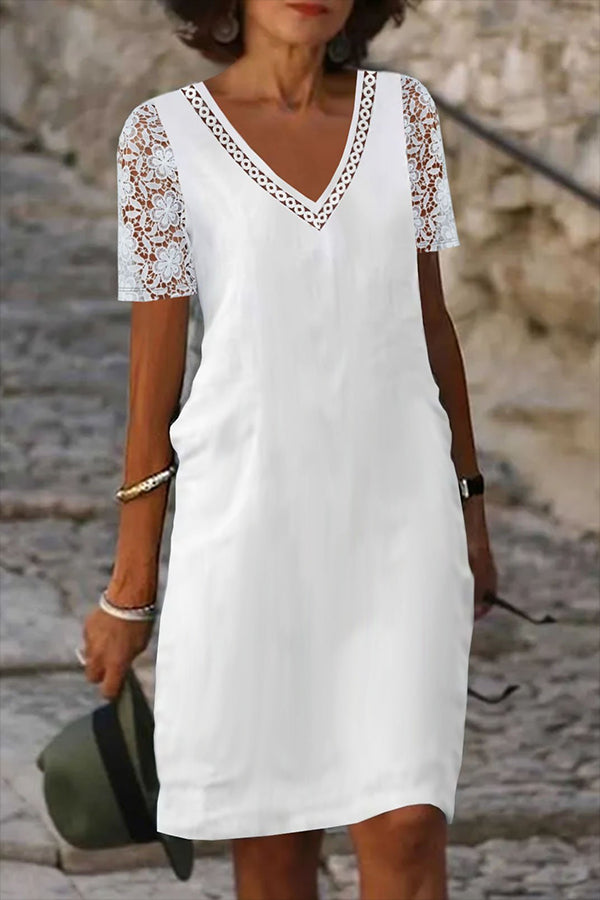 Casual Plain Lace V Neck Dress