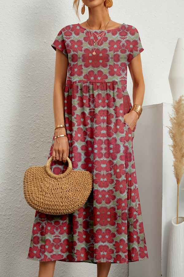 Red Floral Print Basic Midi Dress