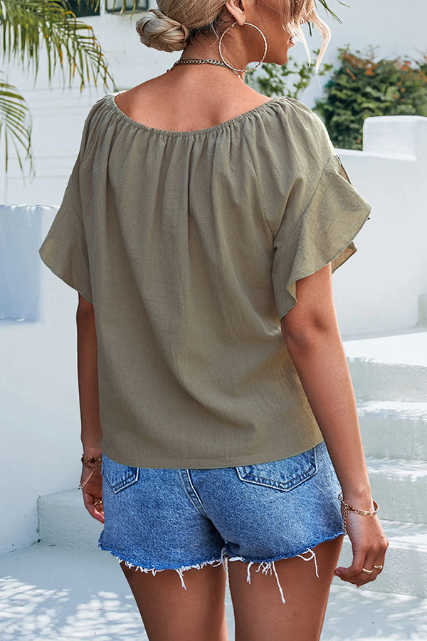 Casual Pleated Ruffled Crew Neck Pullover Lace Up Shirts