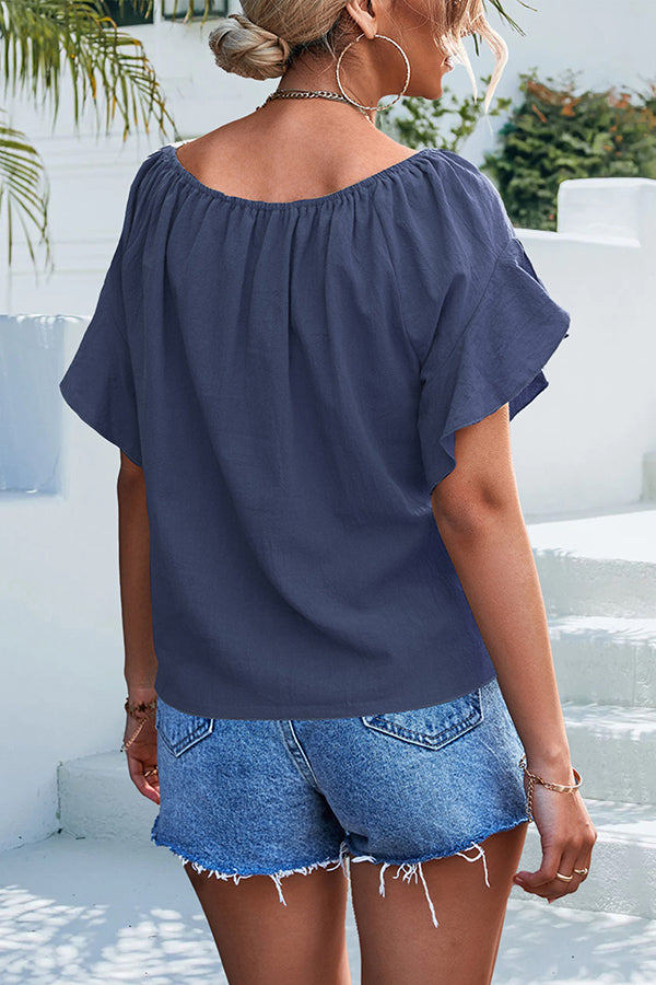 Casual Pleated Ruffled Crew Neck Pullover Lace Up Shirts