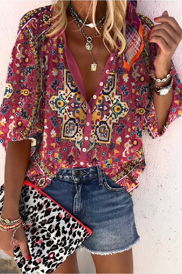 Ethnic Print Three-Quarter Sleeve Blouse