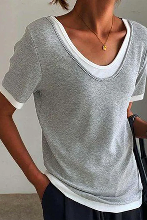 Casual Color Block V Neck Short Sleeve T-shirt