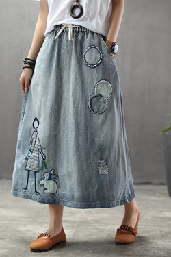 Circle Patch Elastic Waist Ripped Washed Denim Skirt