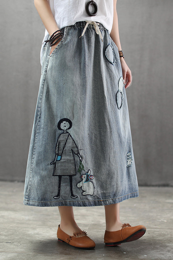 Circle Patch Elastic Waist Ripped Washed Denim Skirt