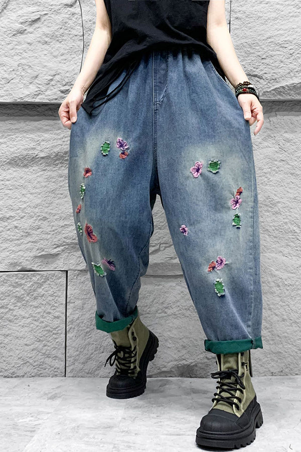 Ethnic Style Ripped Distressed Washed Denim Loose Harem Pants