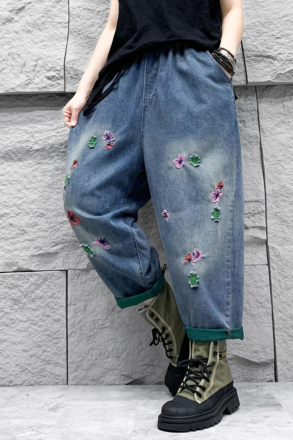 Ethnic Style Ripped Distressed Washed Denim Loose Harem Pants