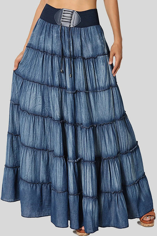 Daily Waistband Drawstring Quilted Tiered Denim Maxi Skirt