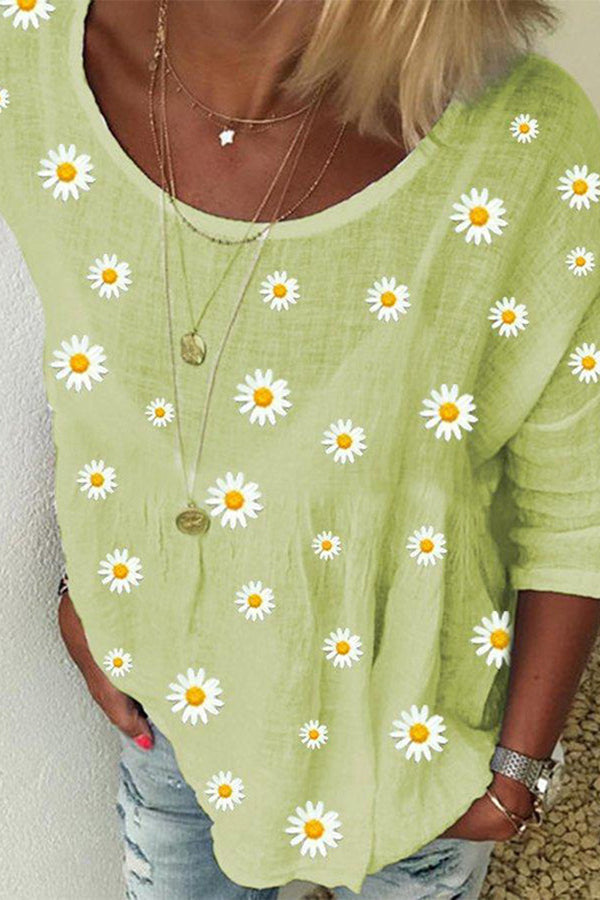 Loose Plus Size Daisy Print Linen Top