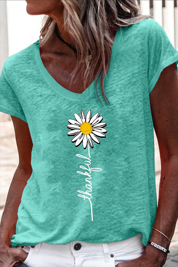 Women's Thankful Daisy V Neck Regular Fit Cotton-Blend Casual T-Shirt