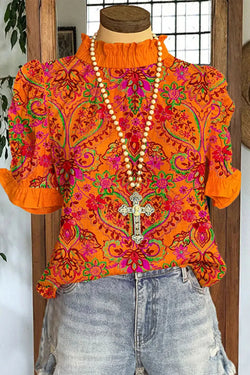 Vintage Floral Print Puff Sleeve Ruffle Neck Top