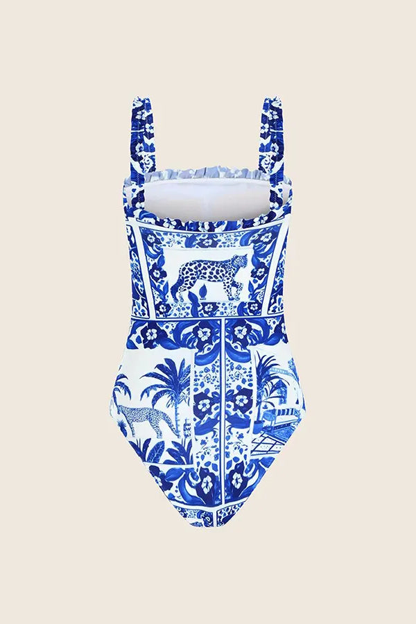 Blue Plam Printed One Piece And Cover-Up