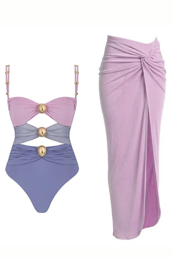 Color Block One Piece Swimsuit And Sarong
