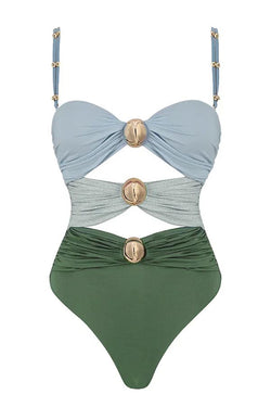 Color Block Cutout One Piece Swimsuit and Sarong