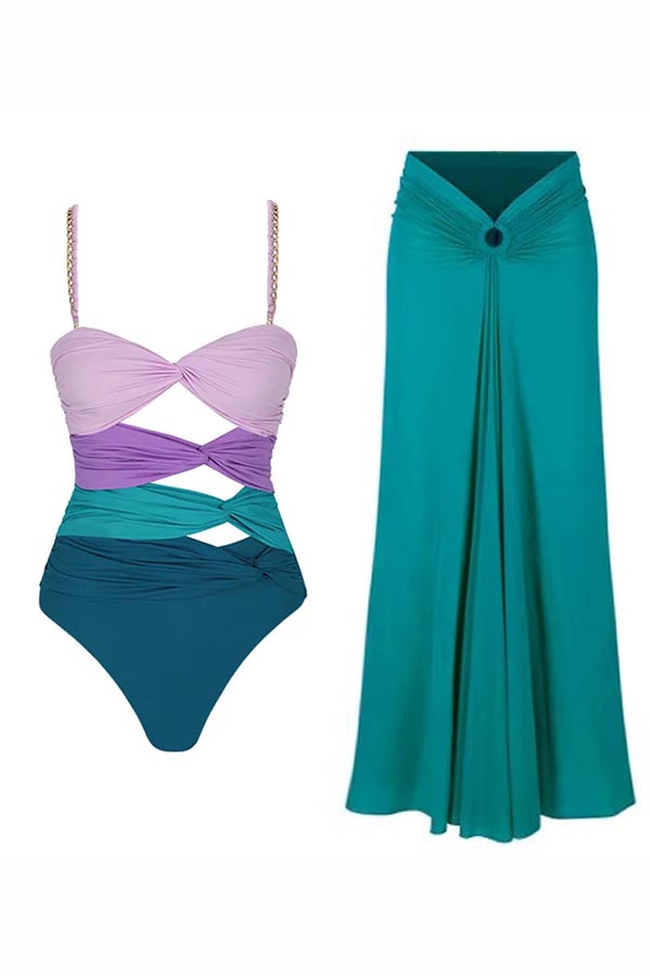 Color Block Cutout One Piece Swimsuit and Sarong