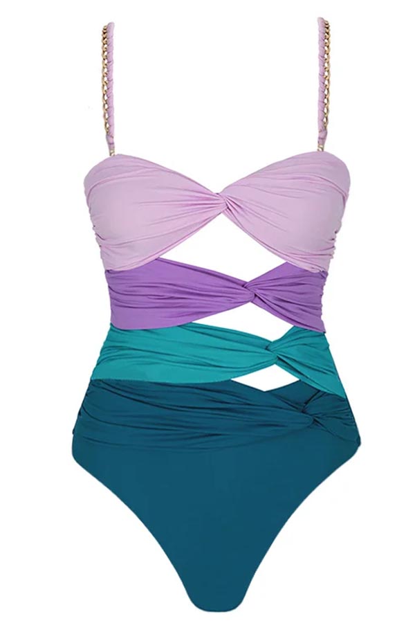 Color Block Cutout One Piece Swimsuit and Sarong