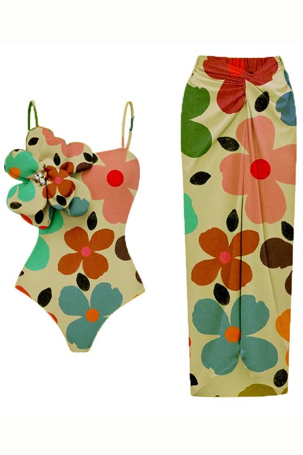 Floral Print 3d Flower One-Piece Swimsuit + Cover Skirt