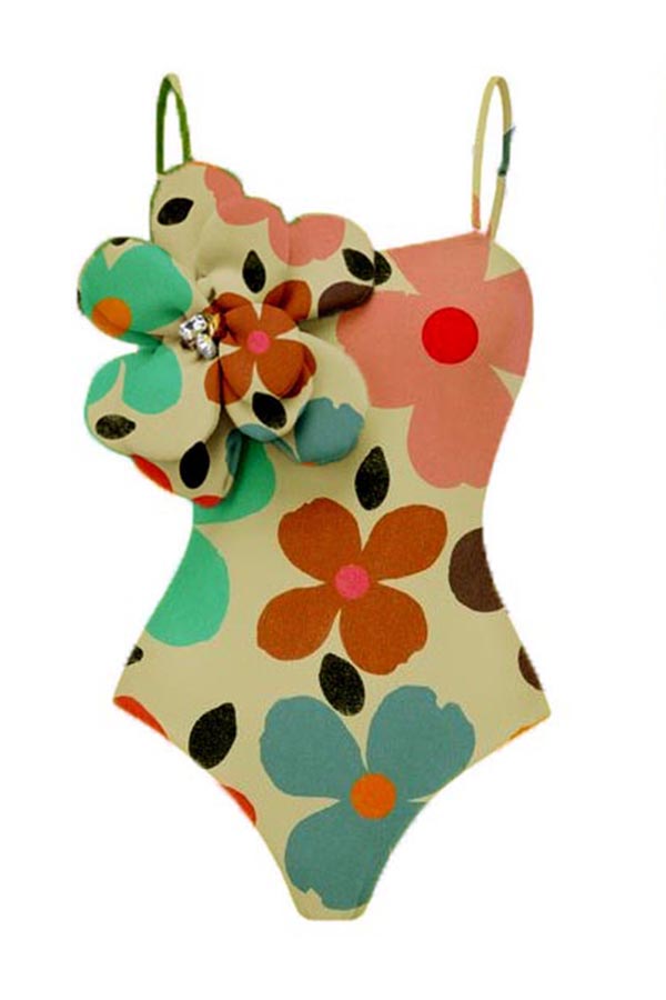 Floral Print 3d Flower One-Piece Swimsuit + Cover Skirt