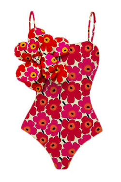 Floral Print 3d Flower One-Piece Swimsuit + Cover Skirt