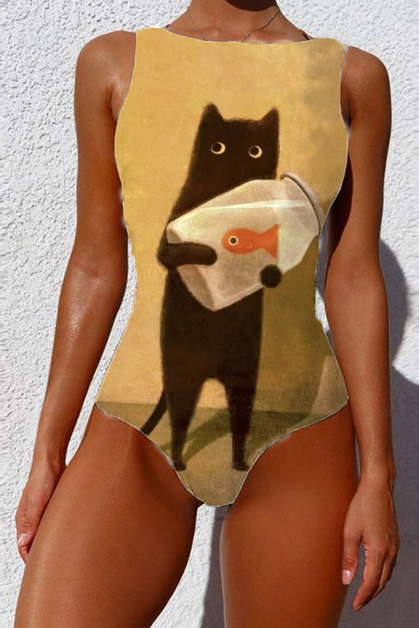 Cat Holding Goldfish Bowl Art Design Swimsuit